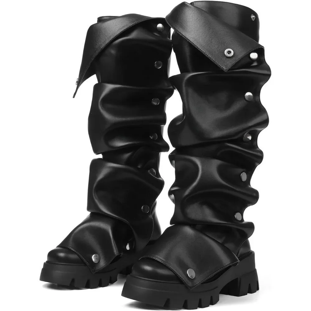 Women's Black Pu Fold Over Knee Slouchy Ruched Stacked Heel Round Toe Boots